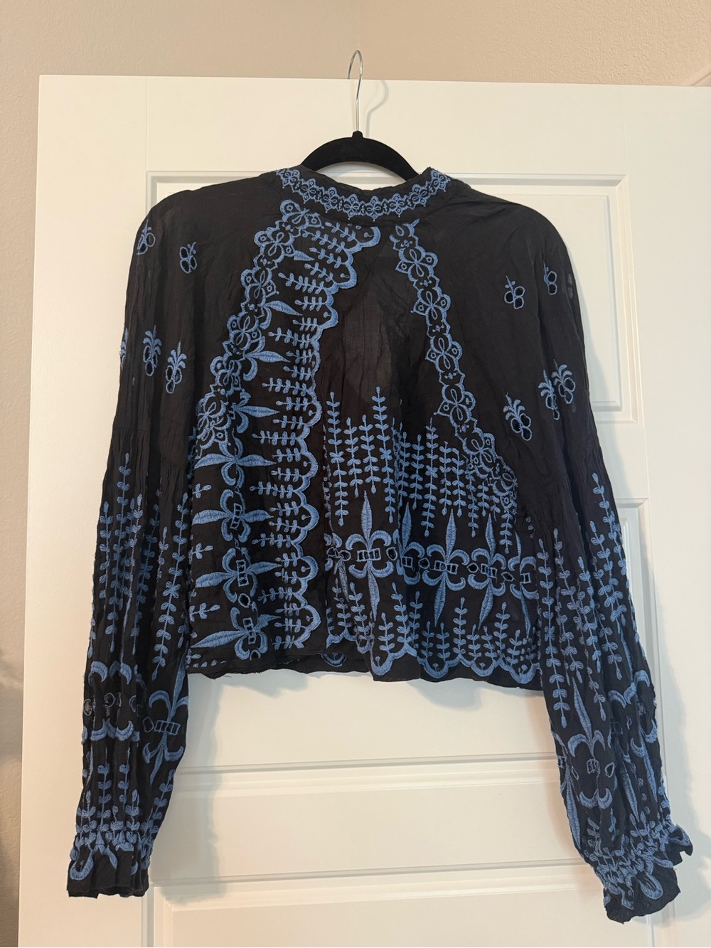 Free People Black Long-Sleeve Embroidered Crop Top with Blue Motifs